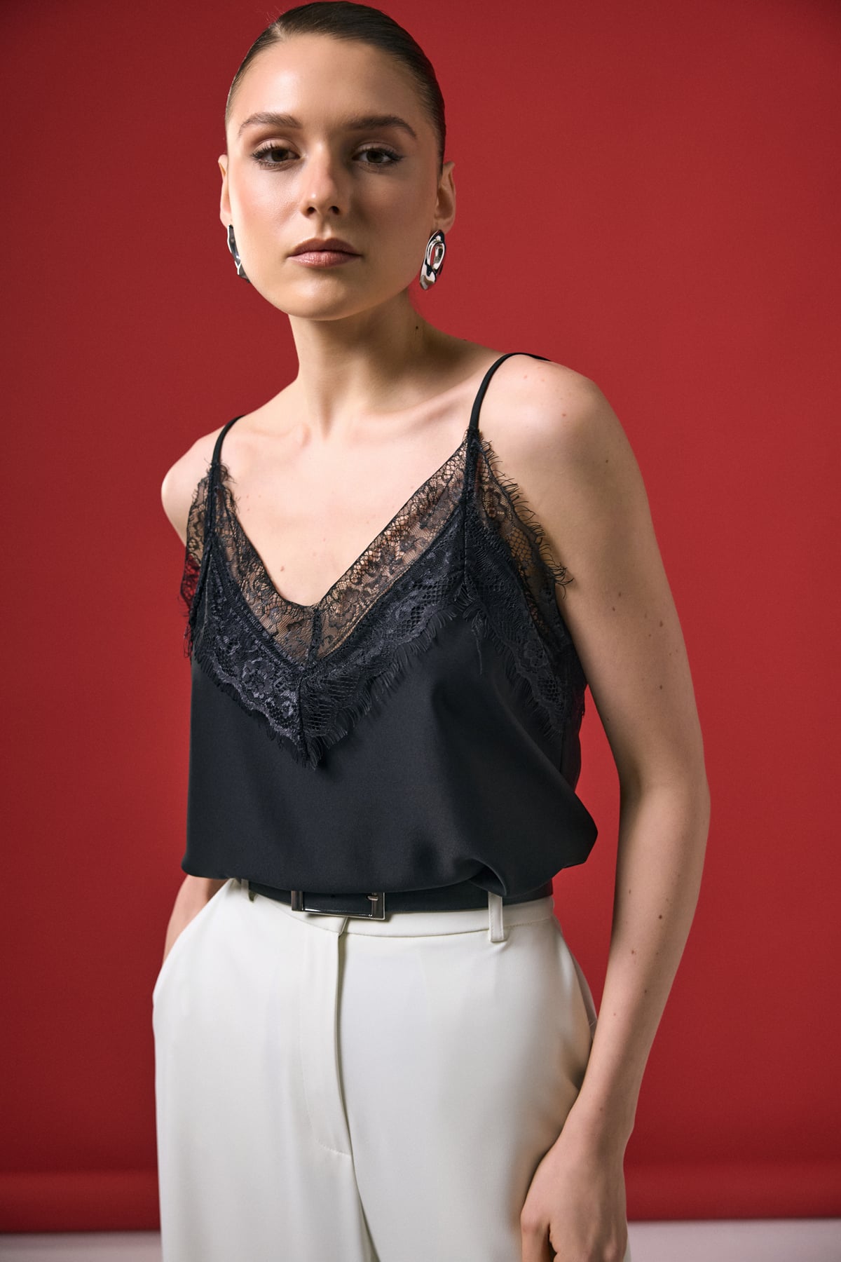 Lace Detail Strappy Blouse - Black