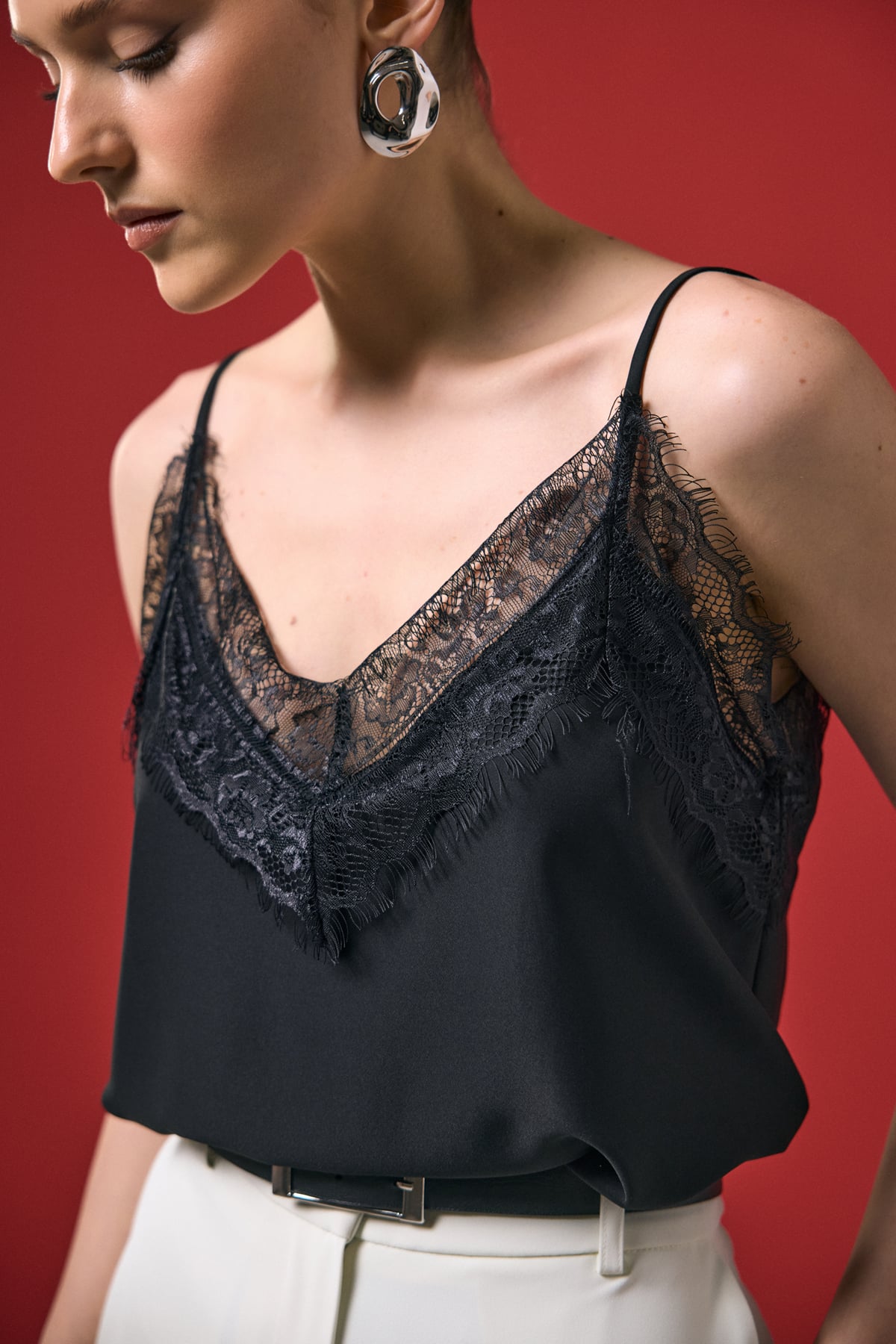 Lace Detail Strappy Blouse - Black