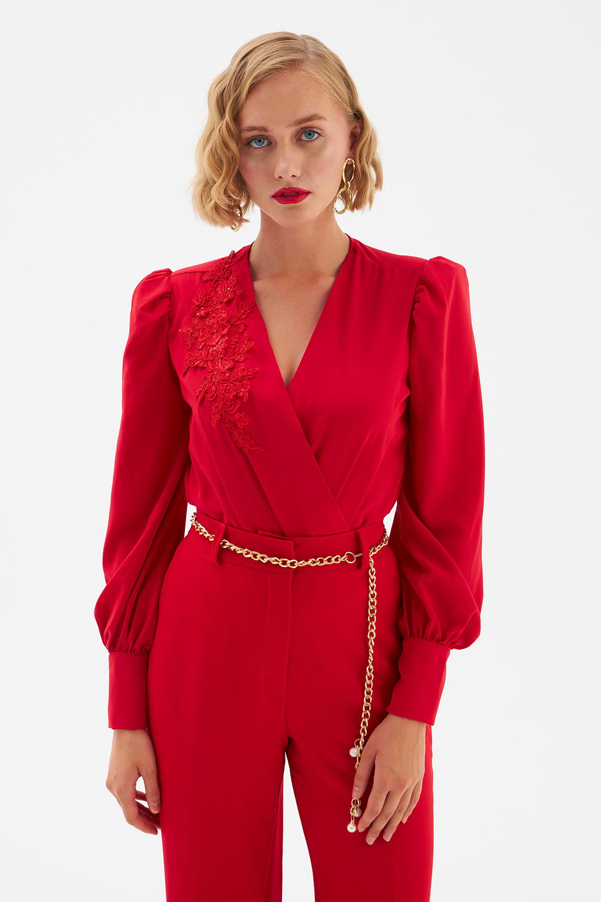 Dantel Detaylı Kruvaze Bodysuit - KIRMIZI