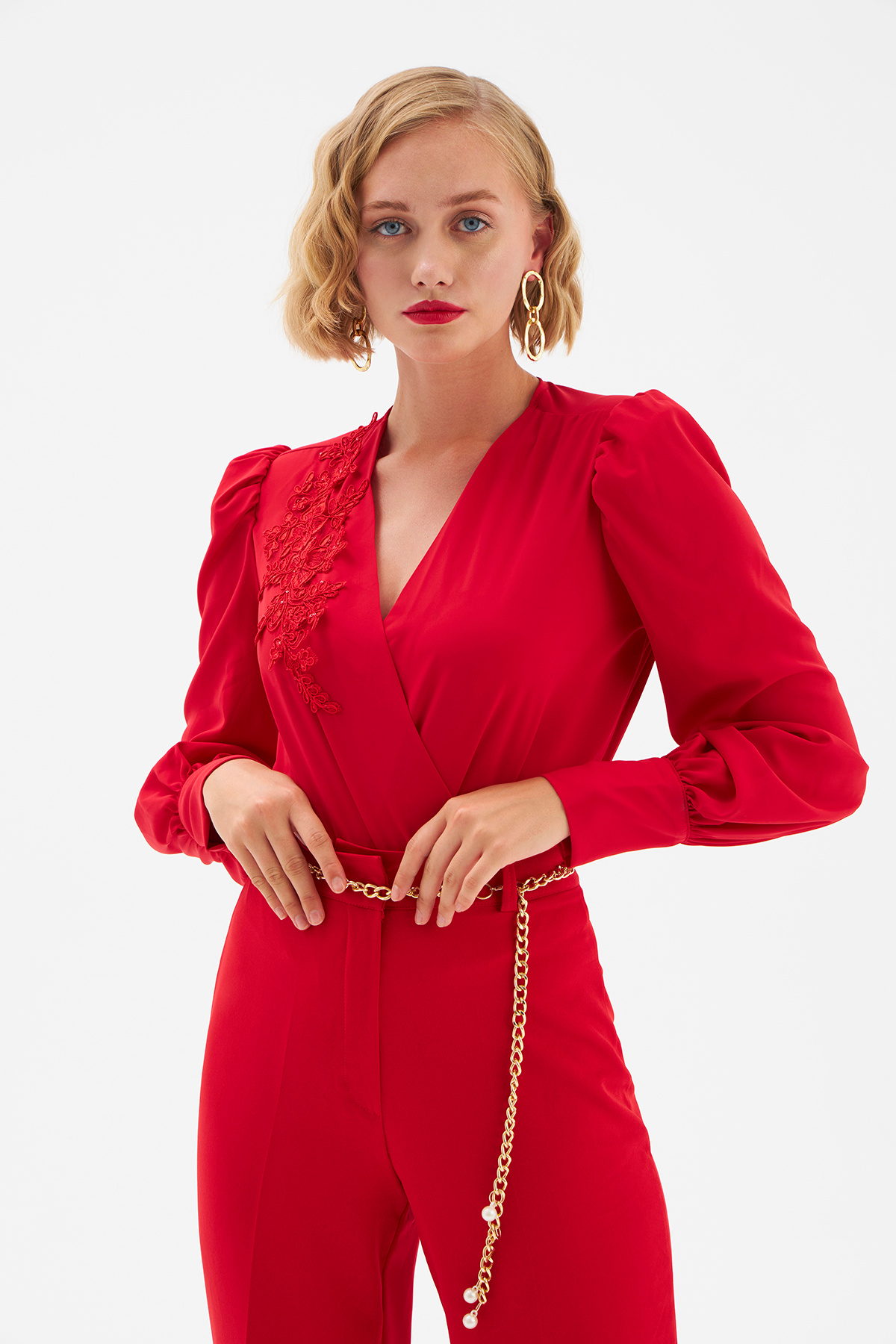 Dantel Detaylı Kruvaze Bodysuit - KIRMIZI