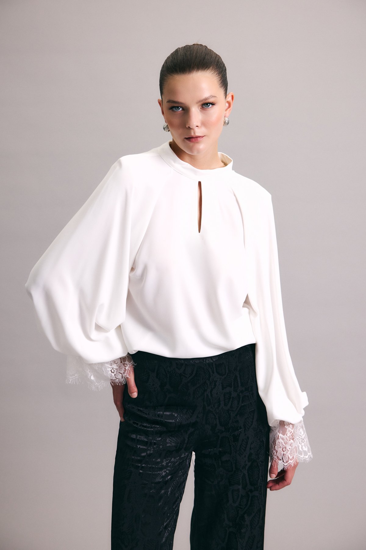 Long-sleeved Blouse with Lace Details - Ecru