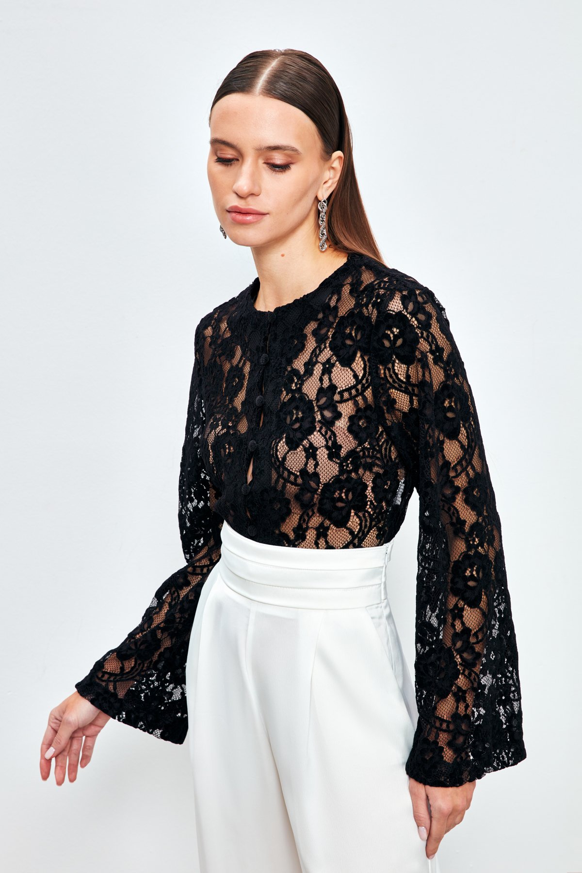 Dantelli Crop Bluz - SİYAH