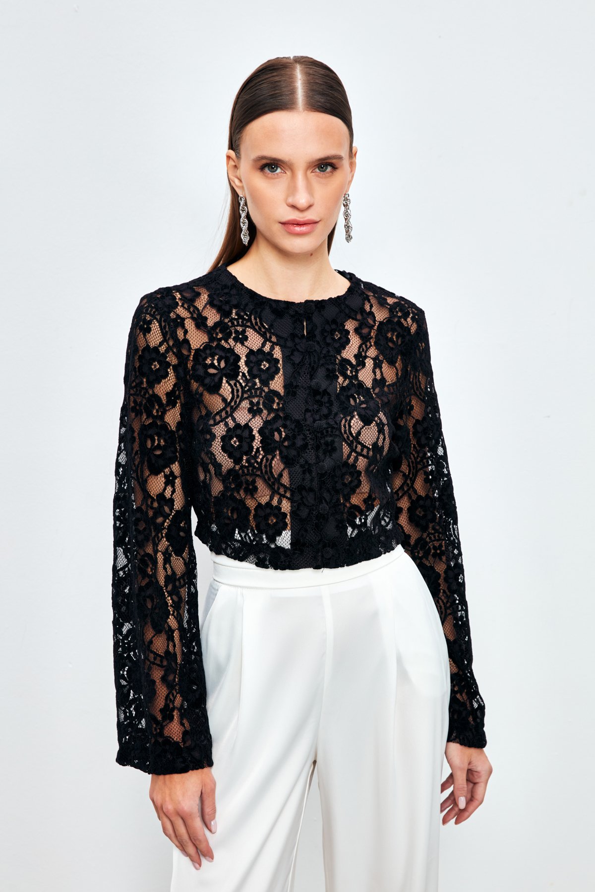 Dantelli Crop Bluz - SİYAH