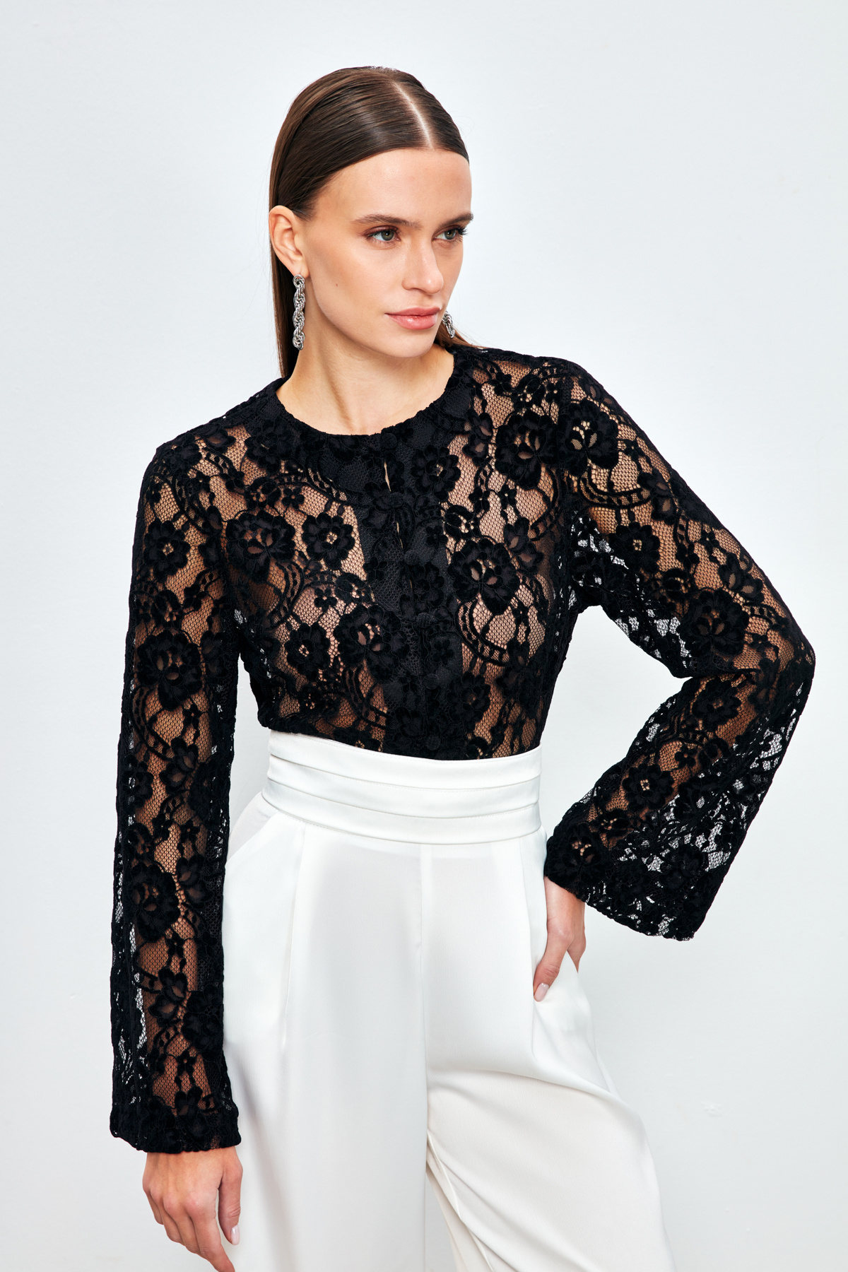 Dantelli Crop Bluz - SİYAH