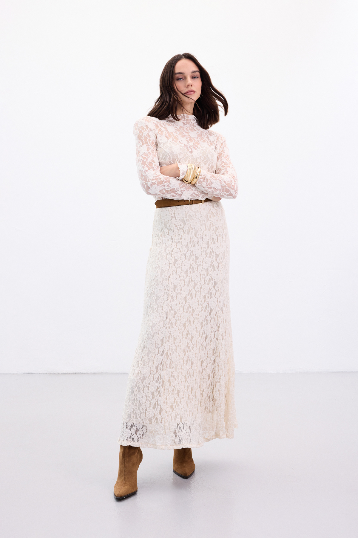 Dantelli Uzun Etek - Bej