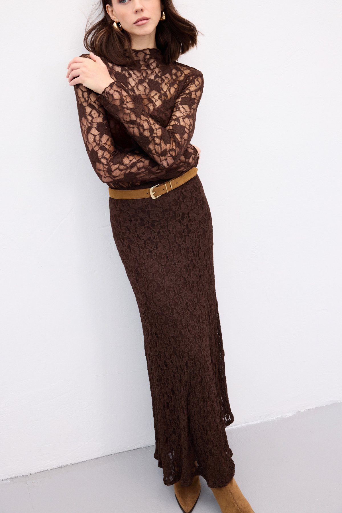 Dantelli Uzun Etek - Kahve