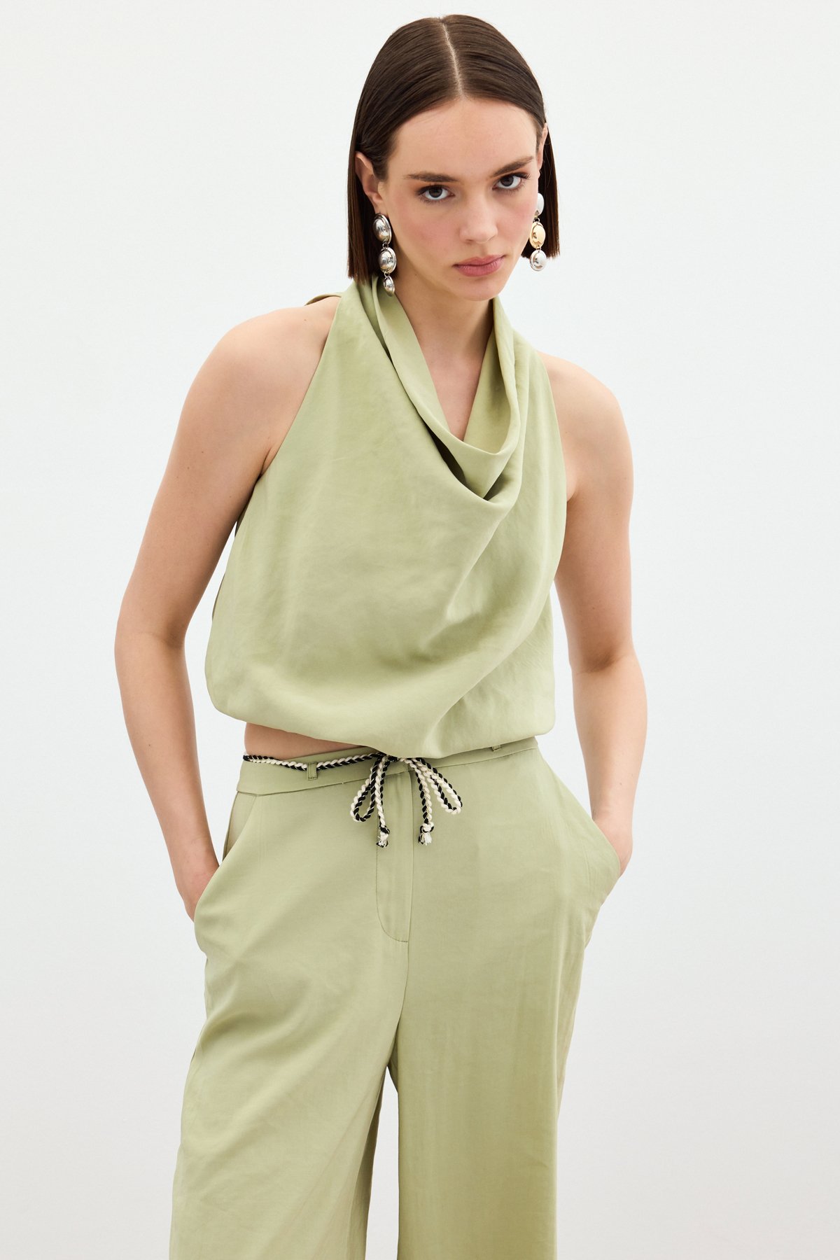 Degaje Yaka Bluz - Yağ Yeşili