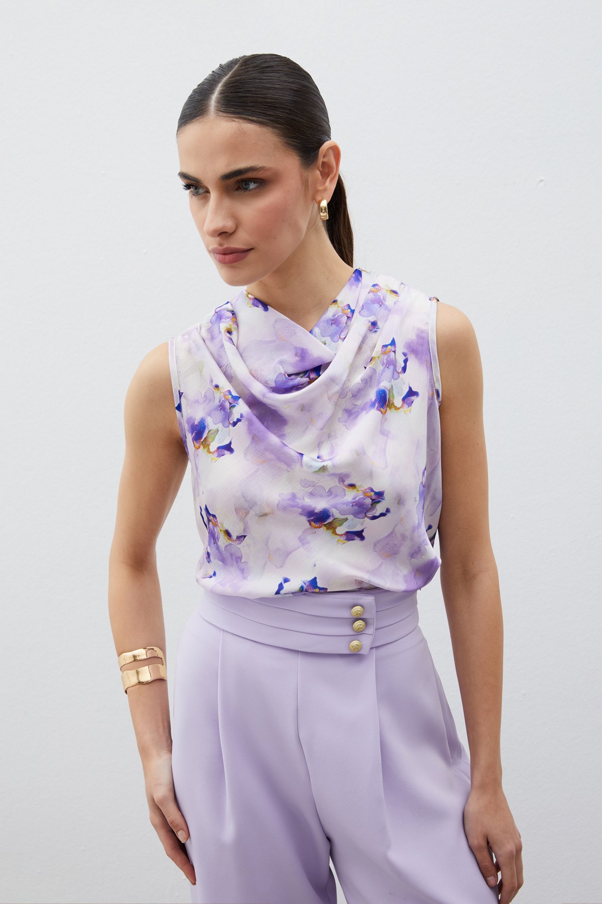 Degaje Yaka Desenli Bluz - LİLA