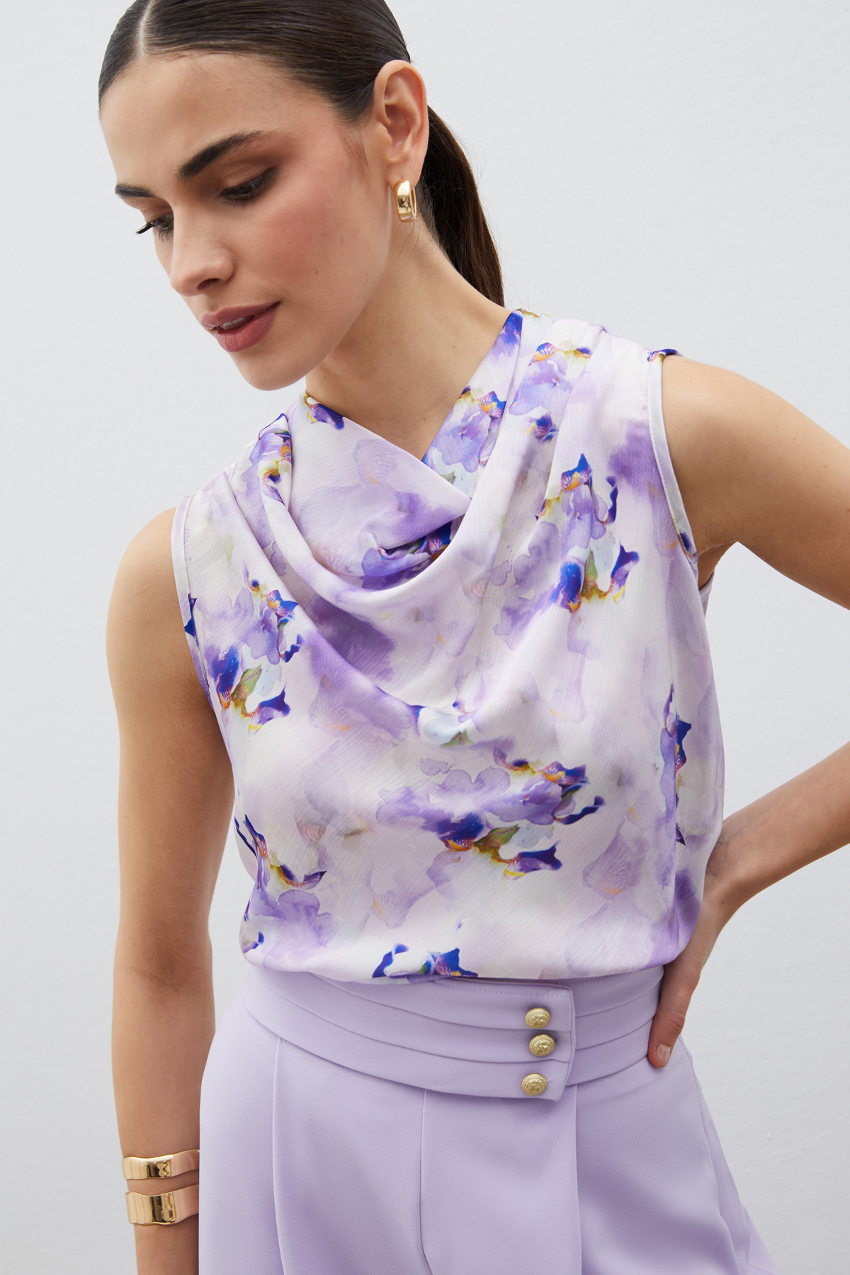 Degaje Yaka Desenli Bluz - LİLA