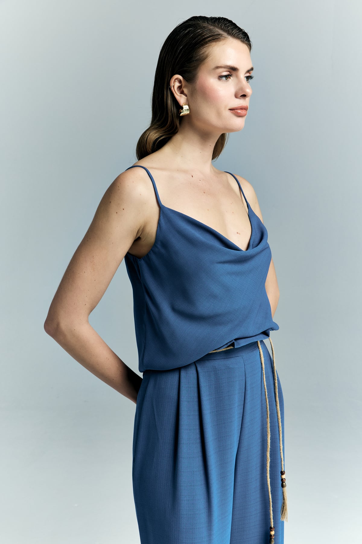 Cowl Neck Flowy Blouse - Indıgo