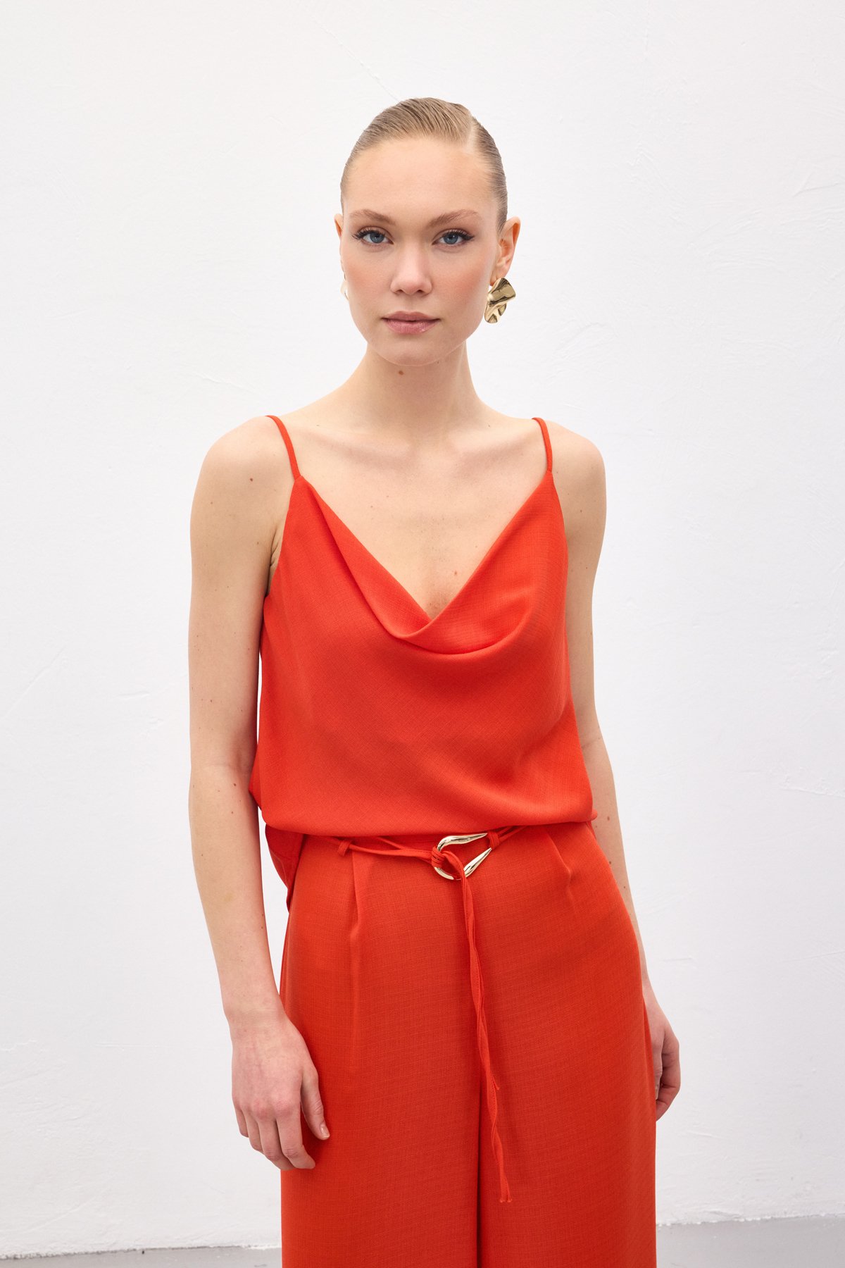 Cowl Neck Flowy Blouse - Oranj