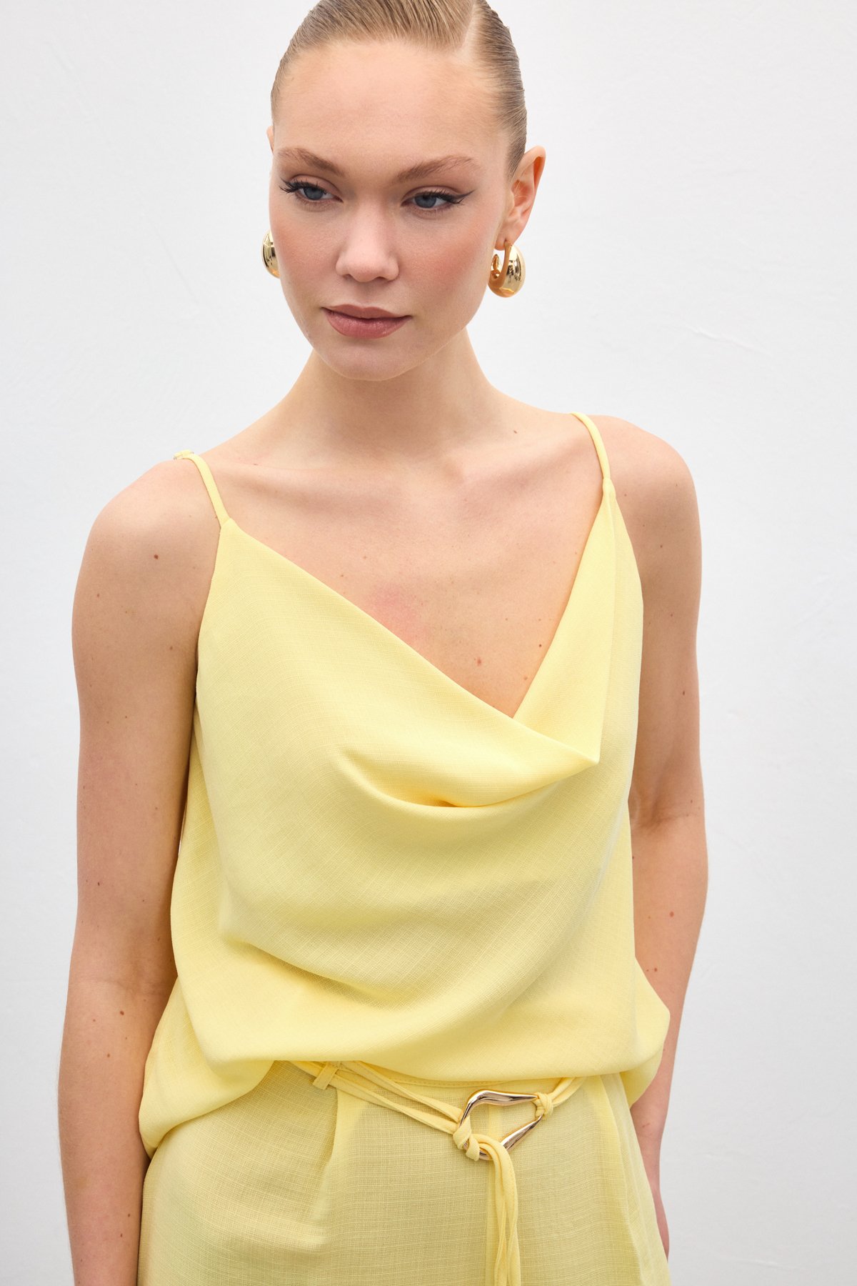 Cowl Neck Flowy Blouse - Yellow