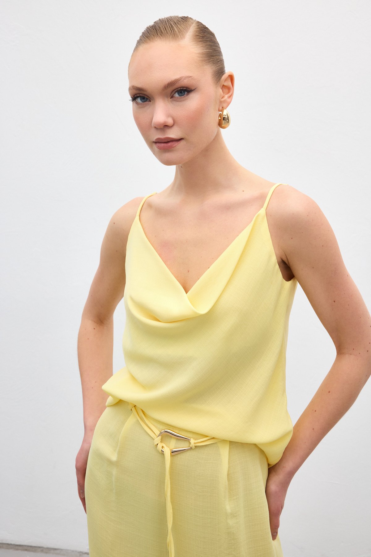 Cowl Neck Flowy Blouse - Yellow