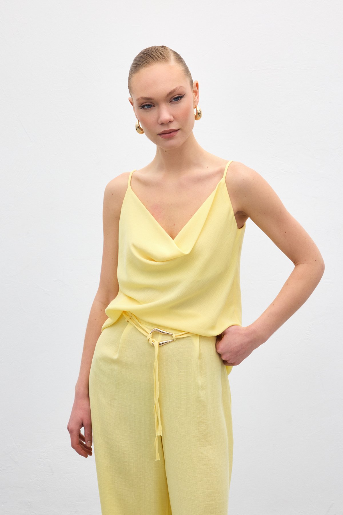 Cowl Neck Flowy Blouse - Yellow