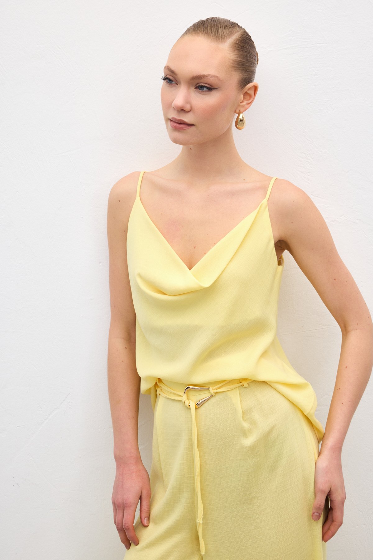 Cowl Neck Flowy Blouse - Yellow
