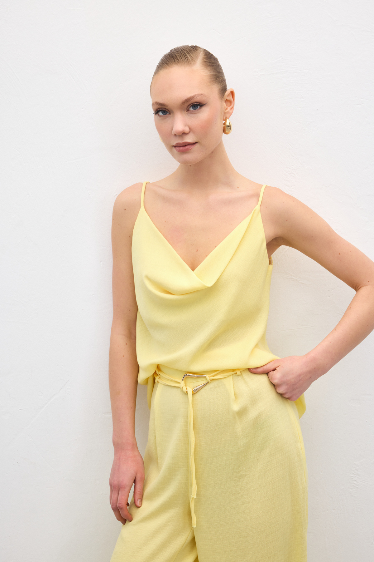 Cowl Neck Flowy Blouse - Yellow