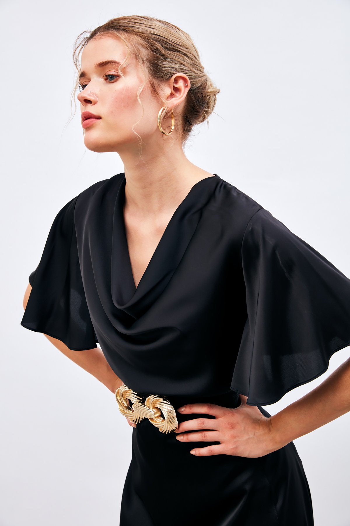 Plunging Collar Flowy Satin Blouse - BLACK