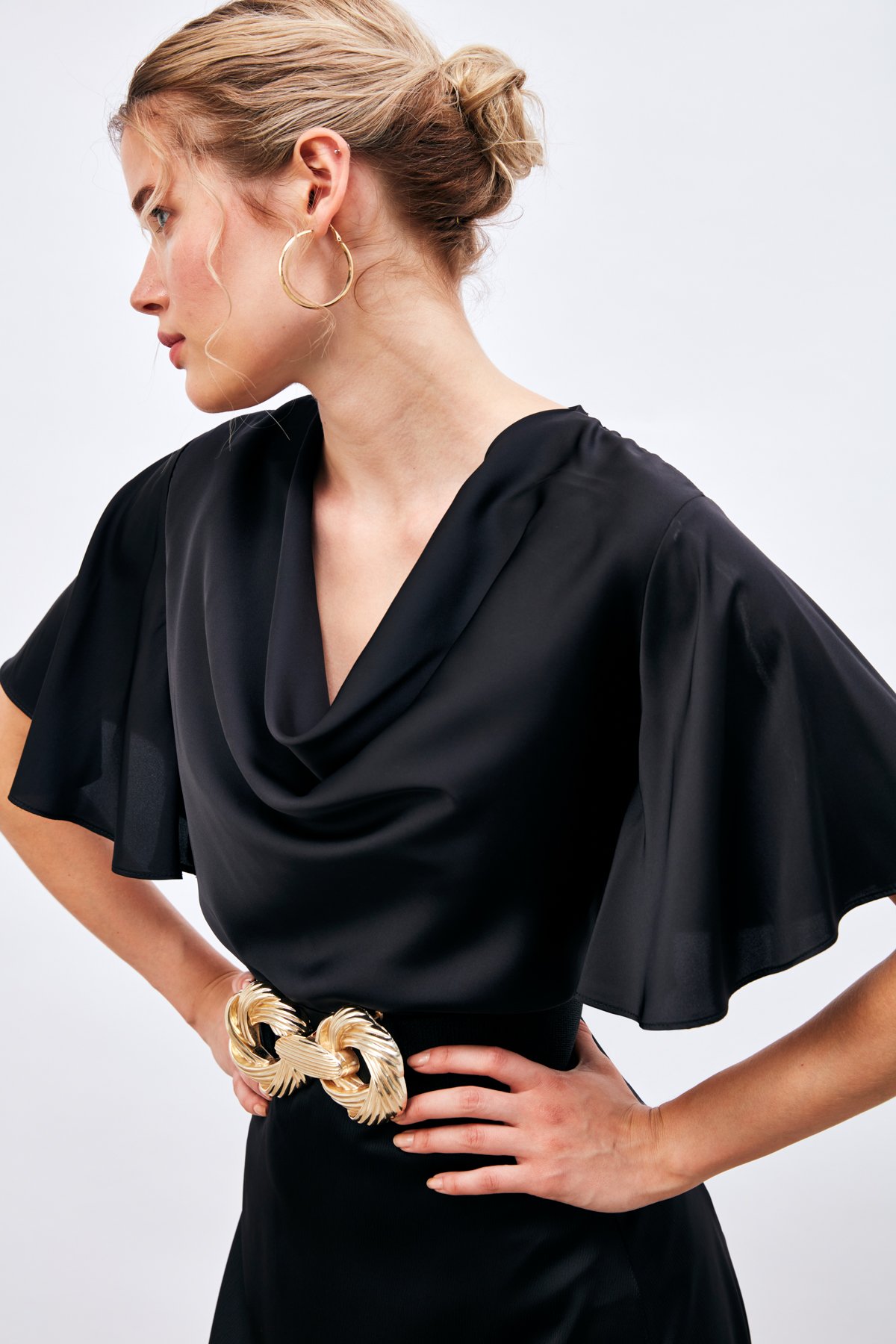 Plunging Collar Flowy Satin Blouse - BLACK