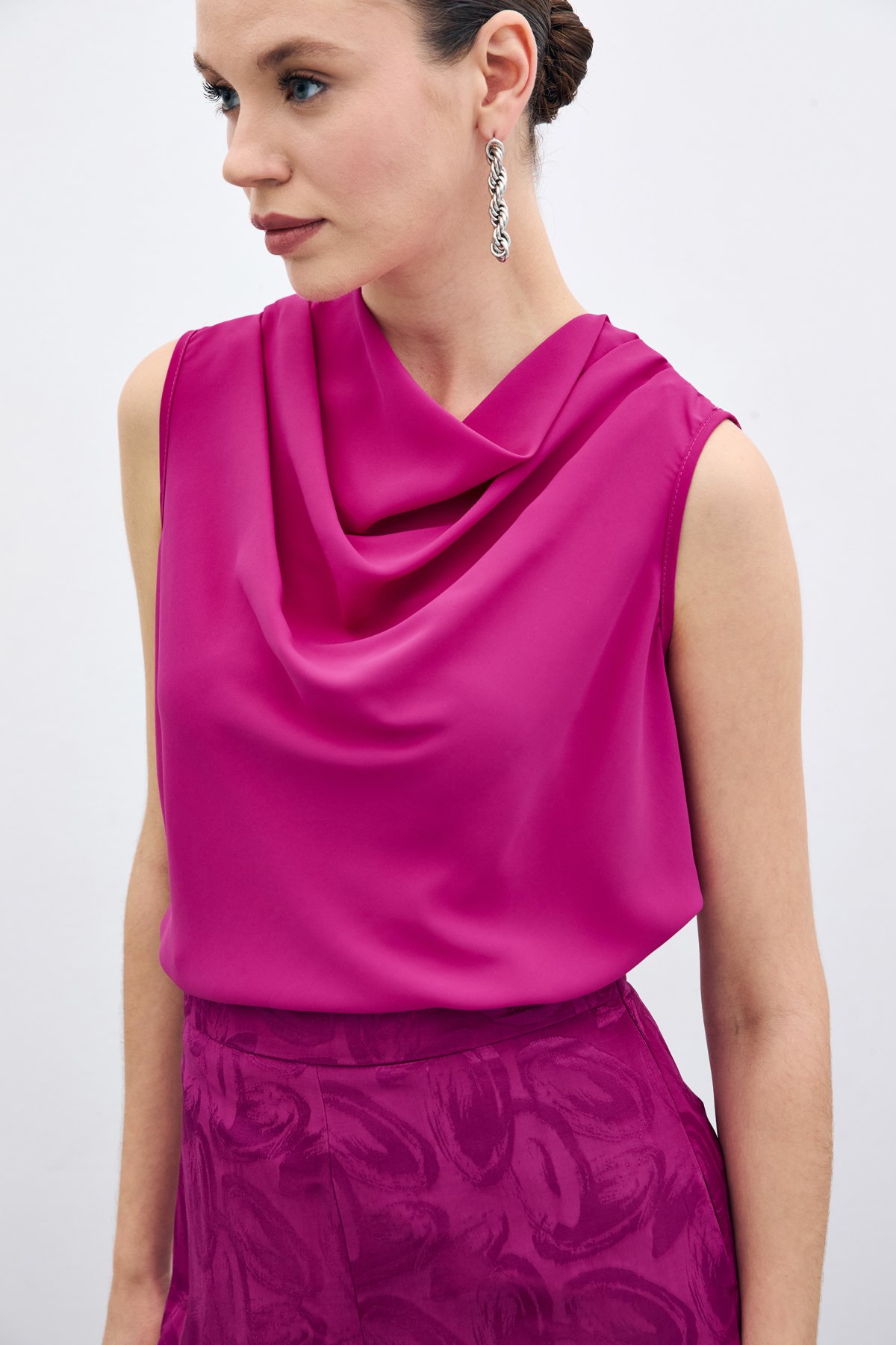 Degaje Yaka Kolsuz Bluz - Fuşya