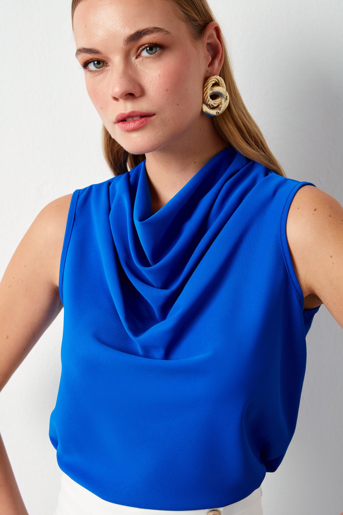 Degaje Yaka Kolsuz Bluz - SAX MAVİ