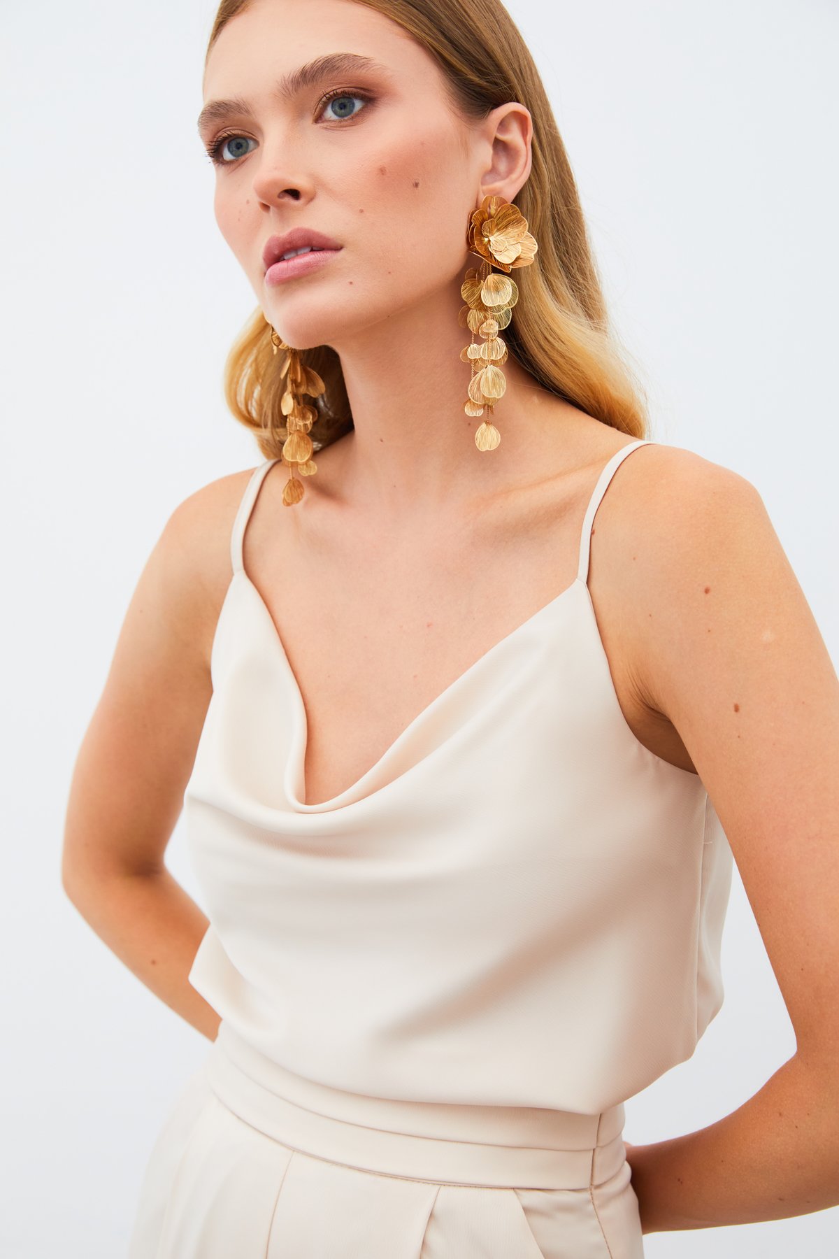 Degaje Yaka Saten Bluz - BEJ