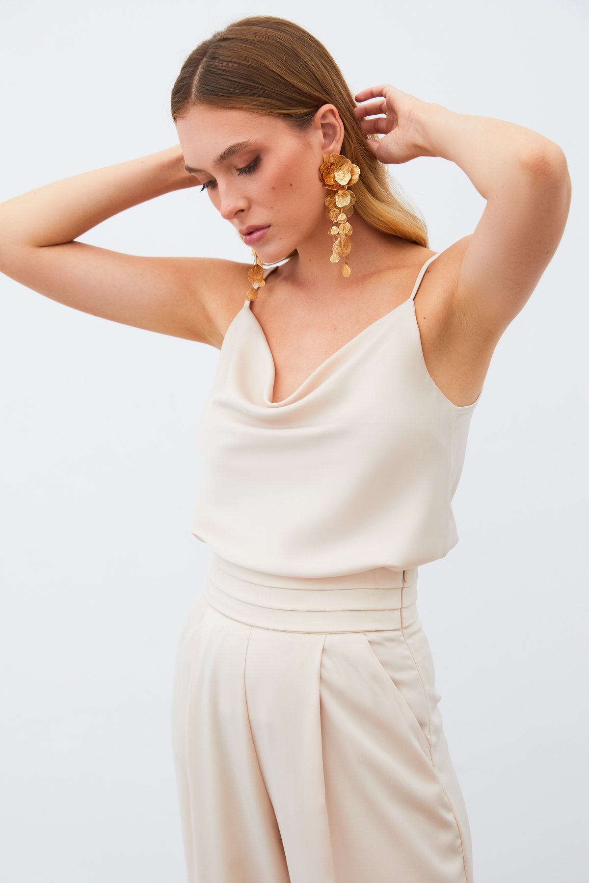 Degaje Yaka Saten Bluz - BEJ