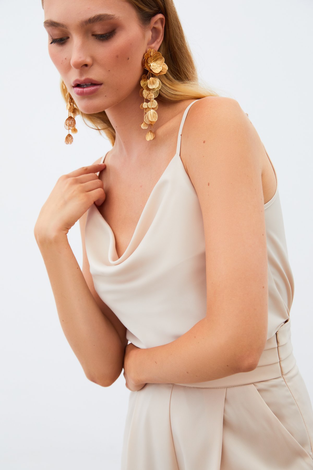 Degaje Yaka Saten Bluz - BEJ