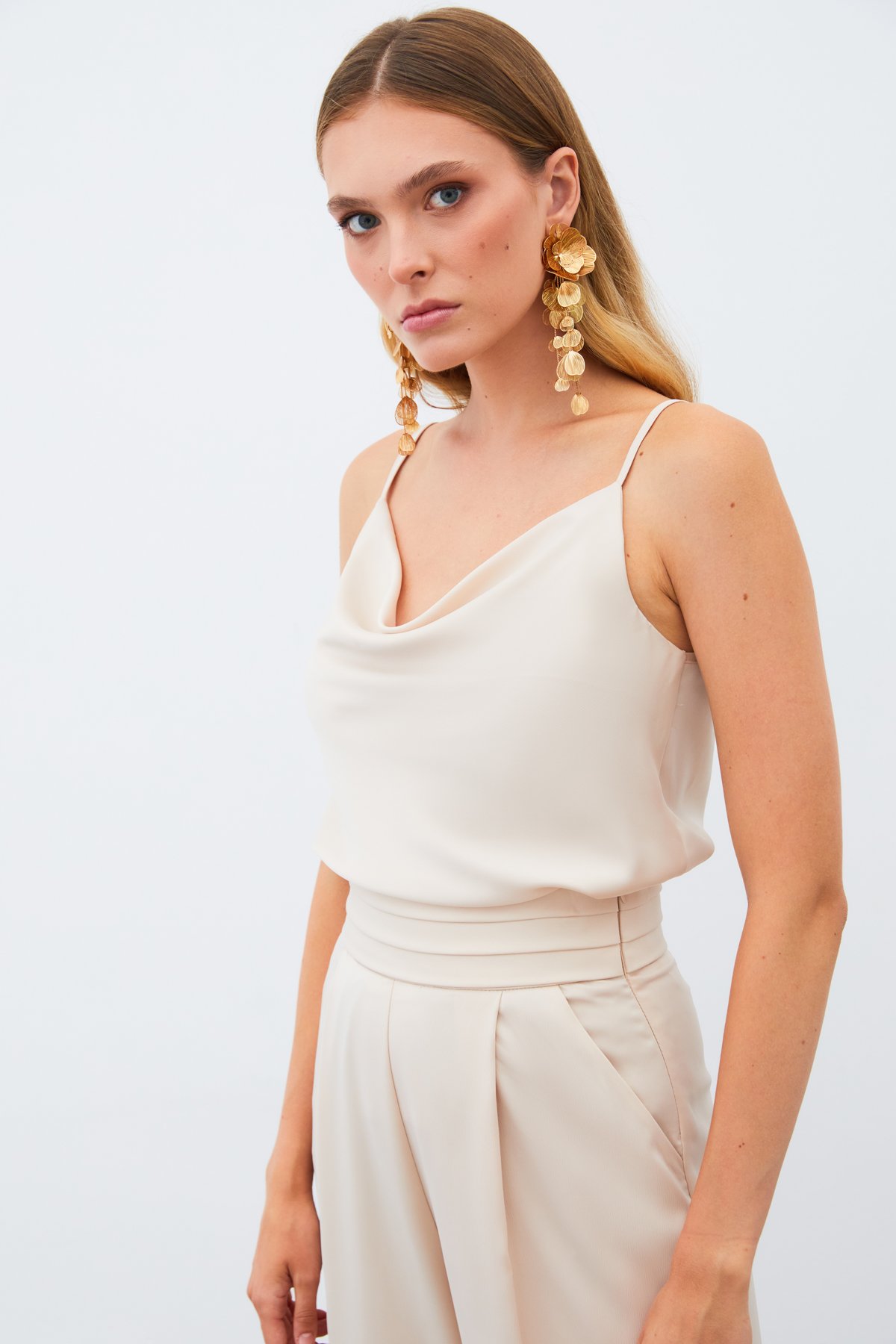 Degaje Yaka Saten Bluz - BEJ