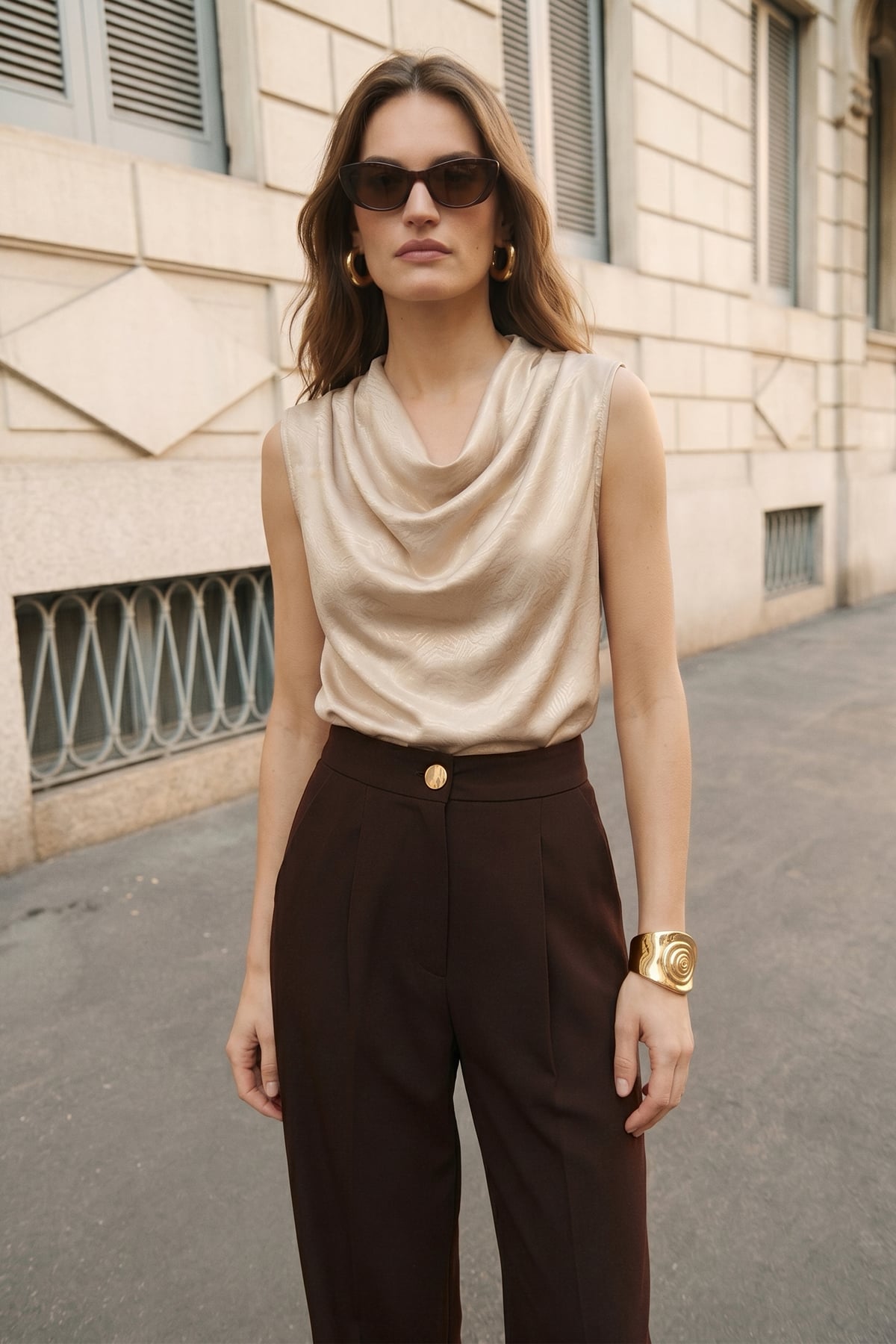 Cowl Neck Satin Blouse - Beıge