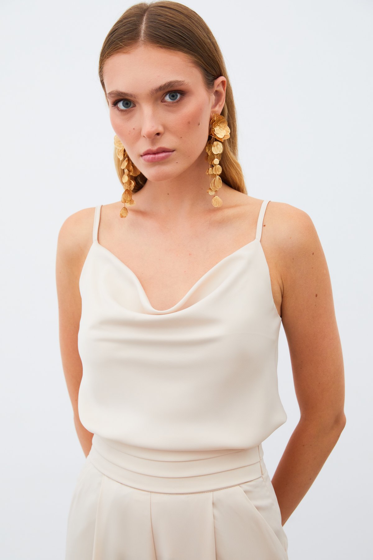 Degaje Yaka Saten Bluz - BEJ