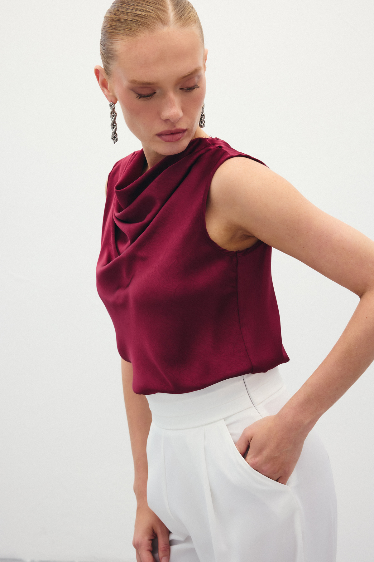 Degaje Yaka Saten Bluz - Bordo