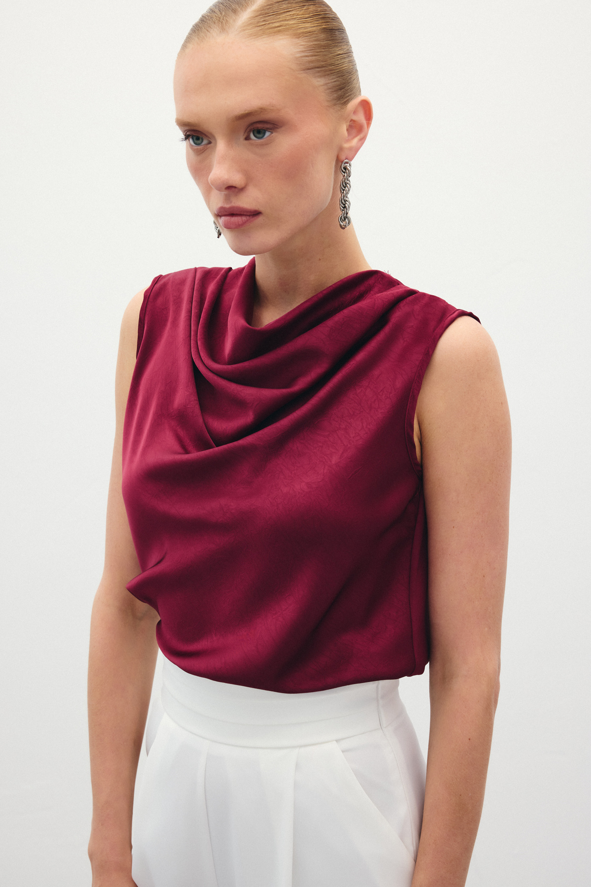 Degaje Yaka Saten Bluz - Bordo