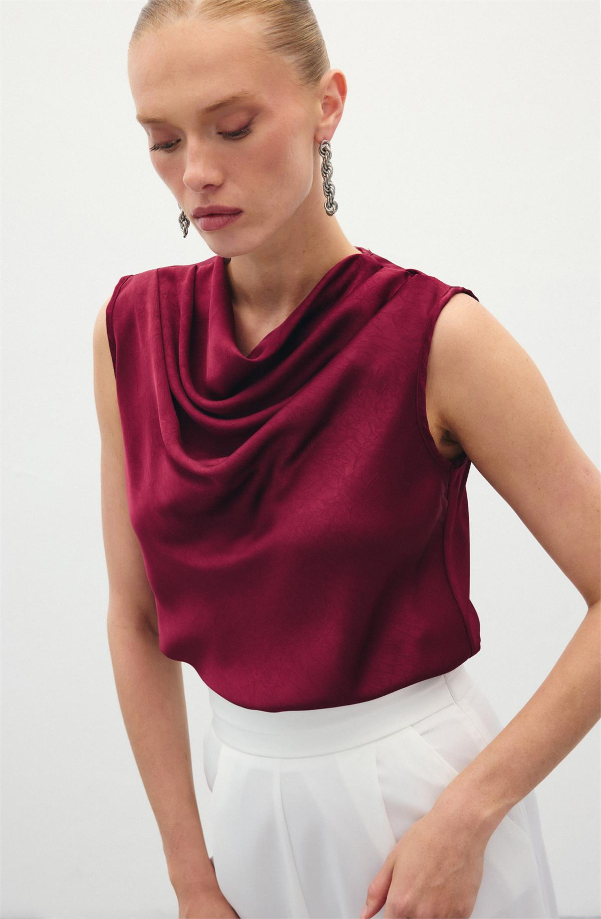 Degaje Yaka Saten Bluz - Bordo