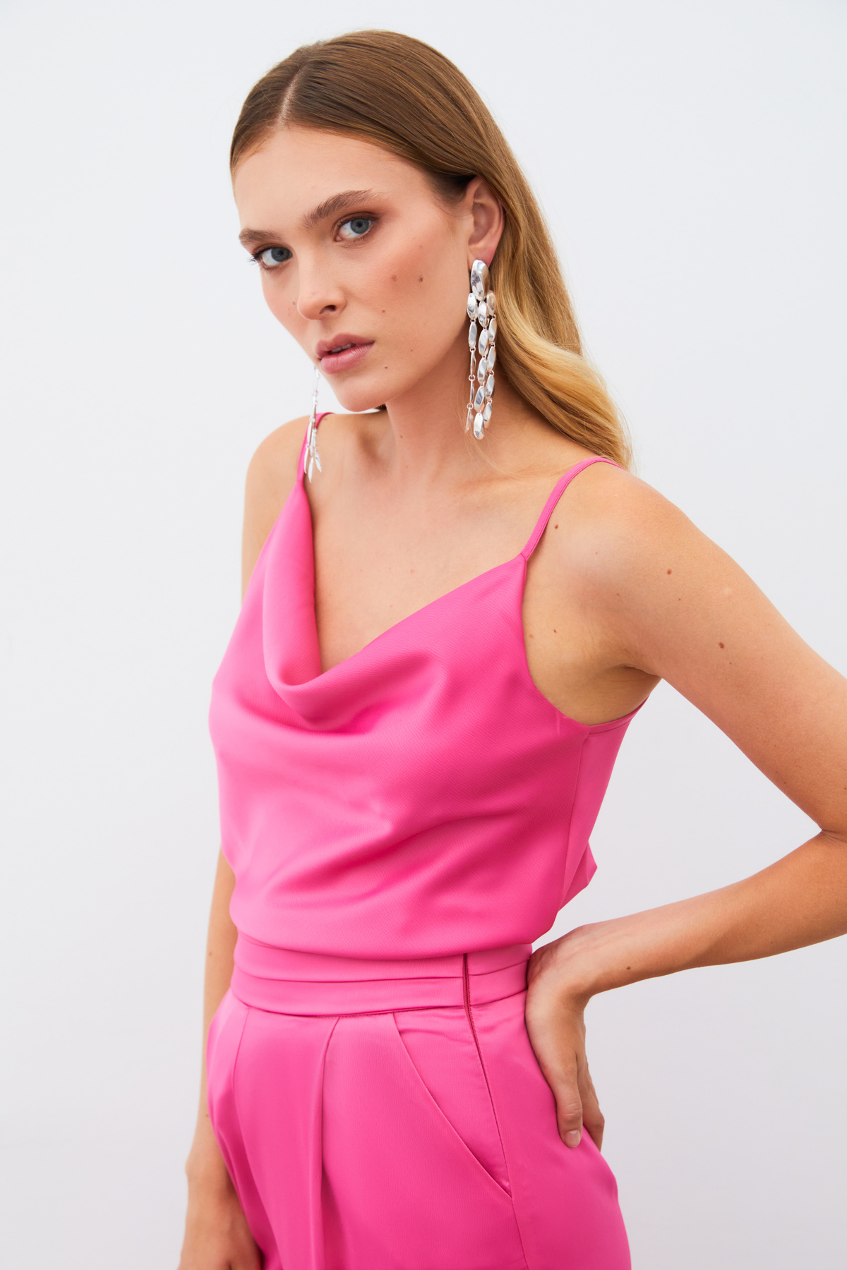 Degaje Yaka Saten Bluz - FUŞYA