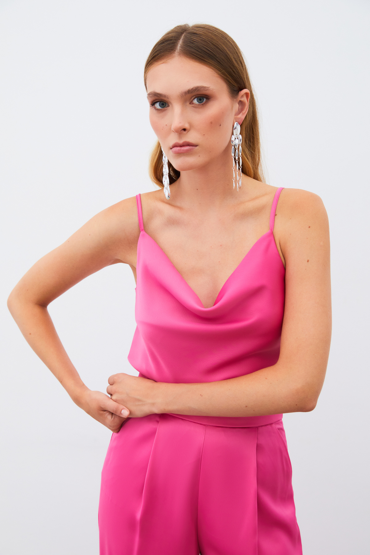 Degaje Yaka Saten Bluz - FUŞYA