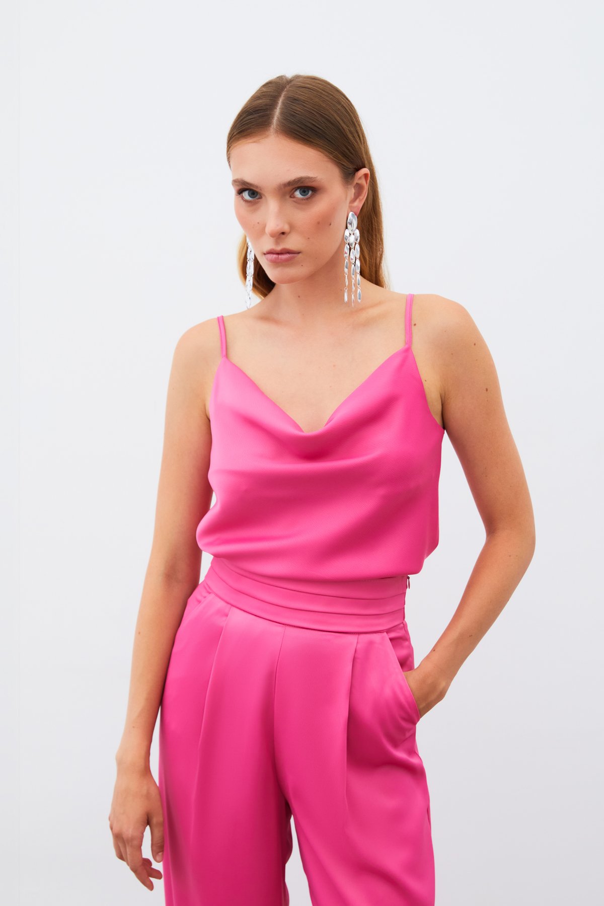 Degaje Yaka Saten Bluz - FUŞYA