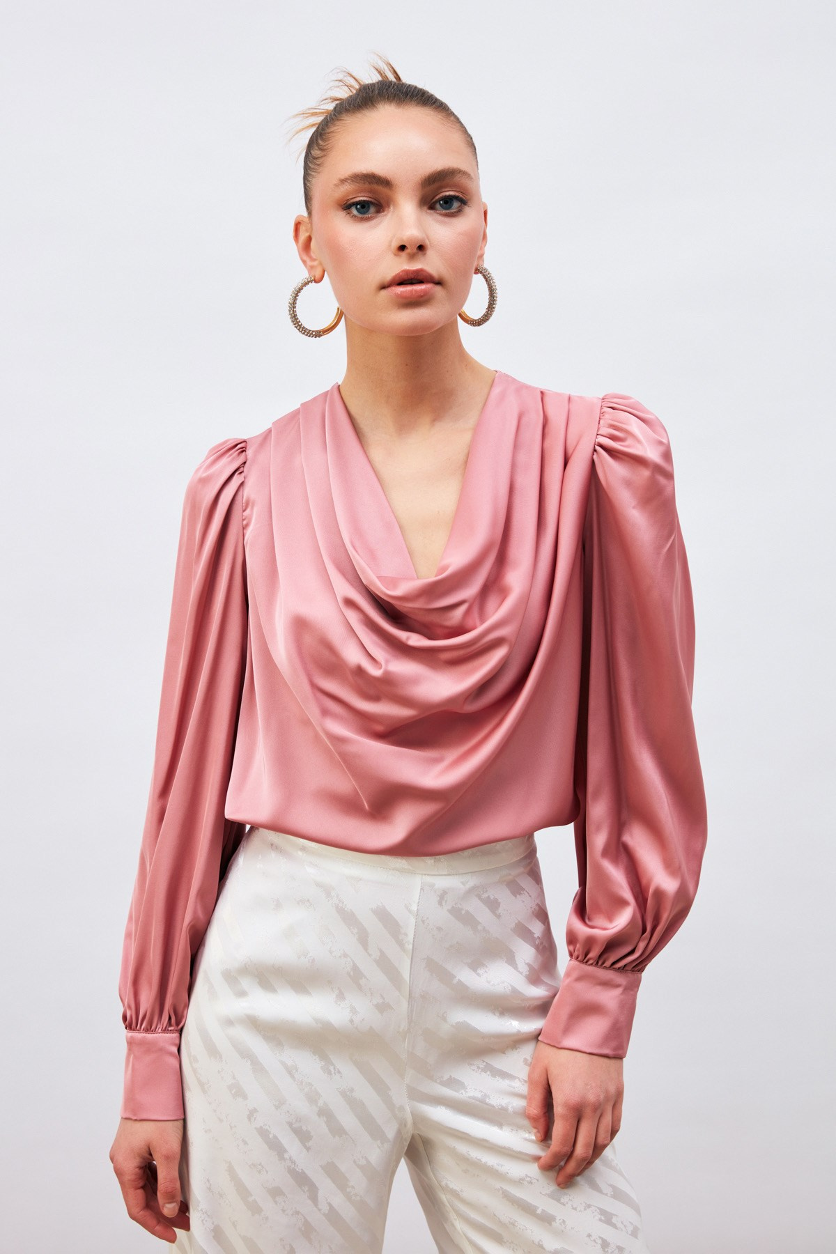 Plunging Collar Satin Blouse - GUL KURUSU