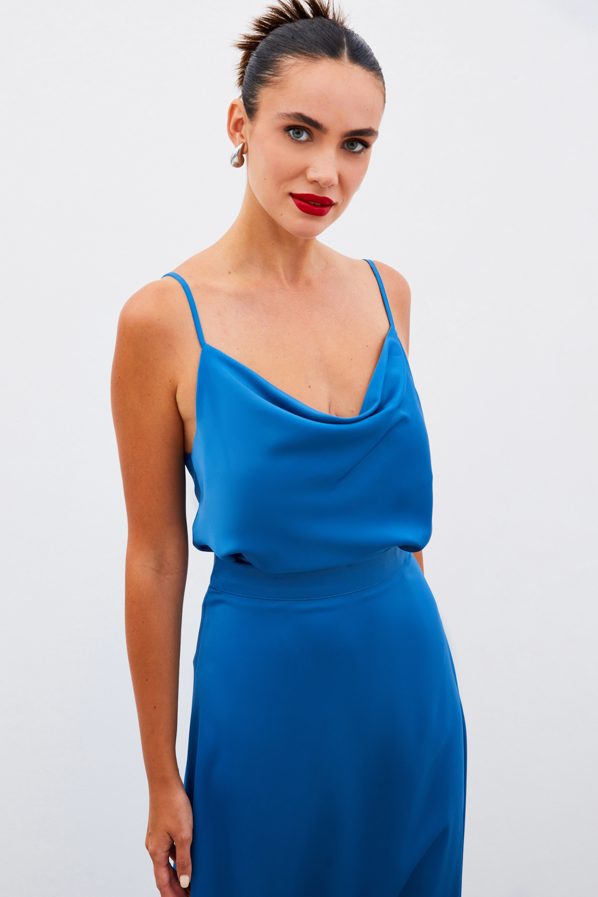 Plunging Collar Satin Blouse - INDIGO