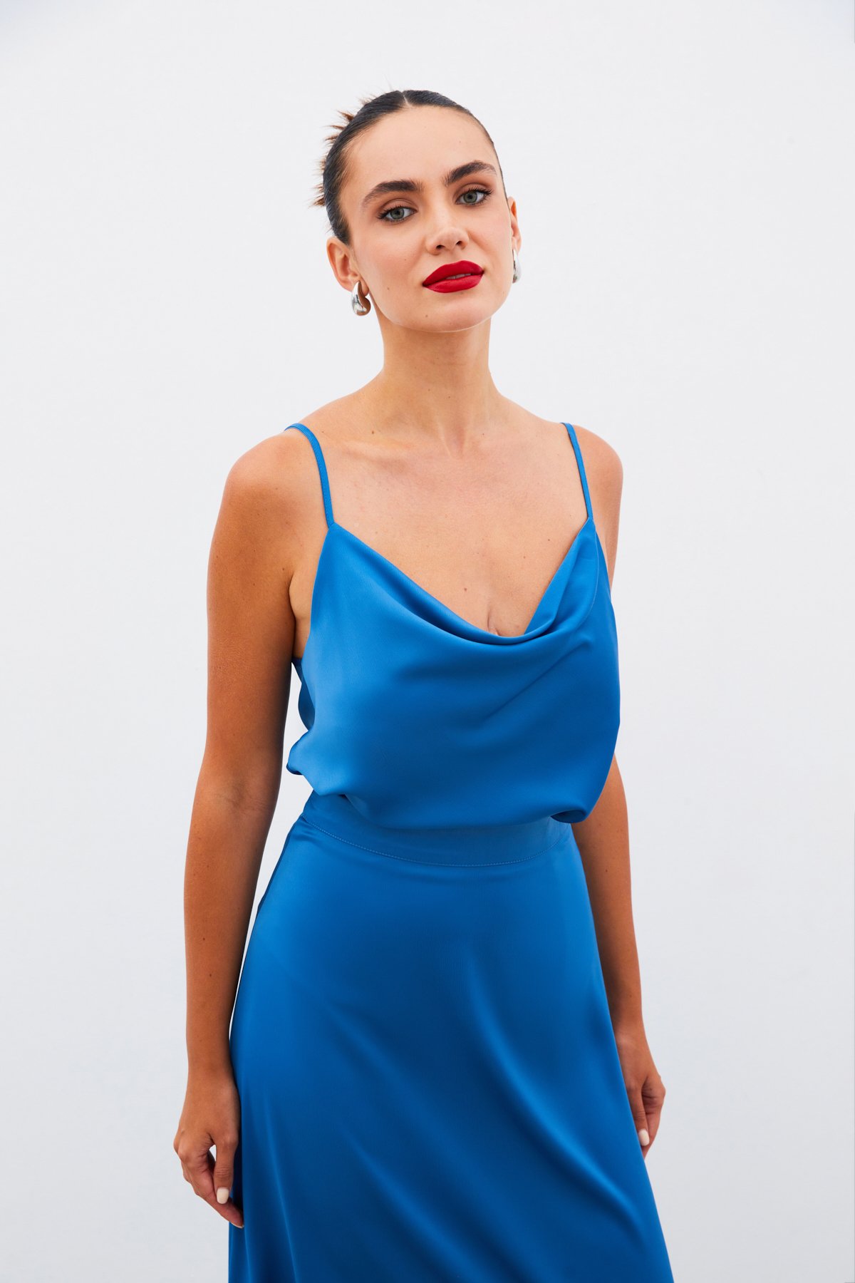 Plunging Collar Satin Blouse - INDIGO