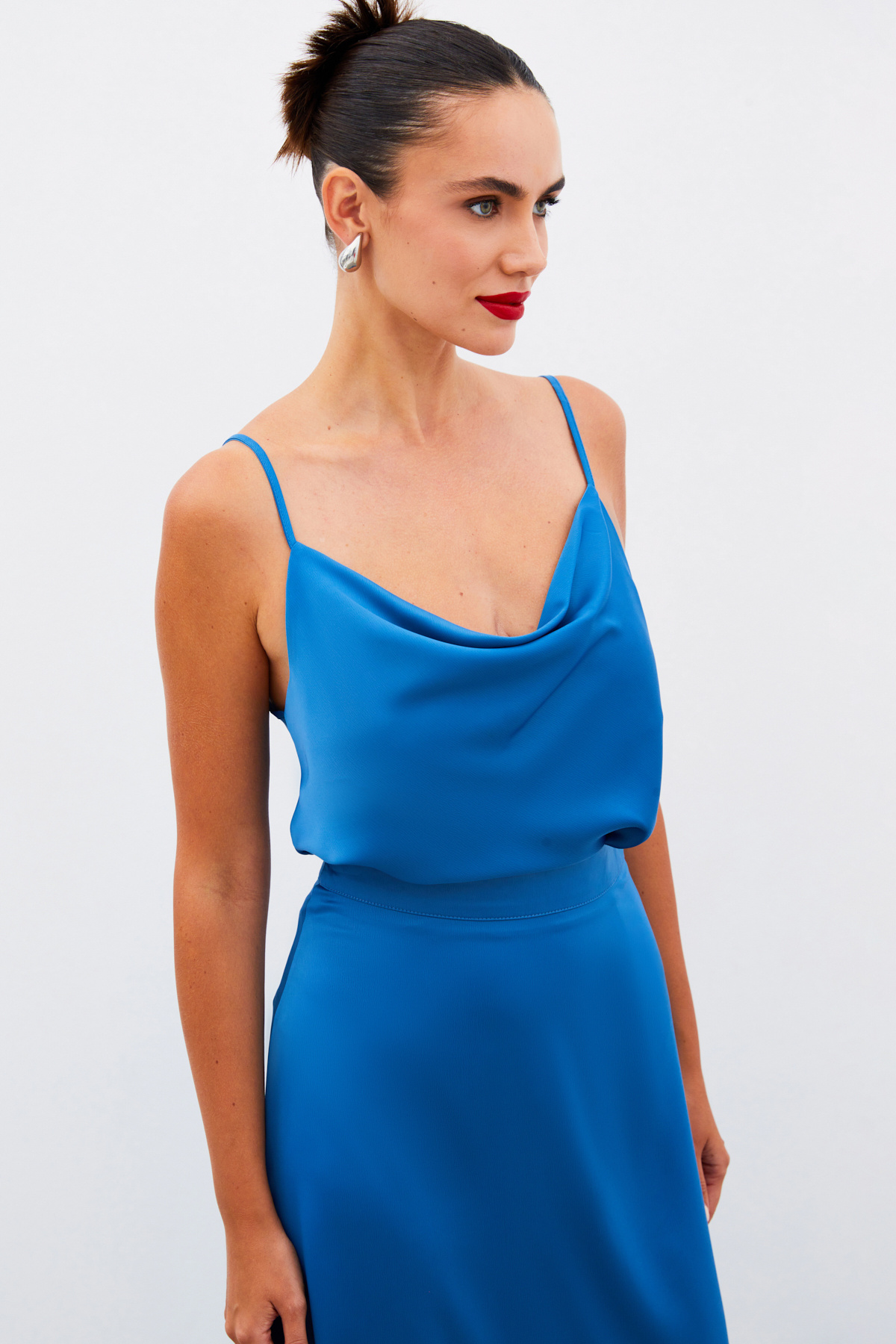 Plunging Collar Satin Blouse - INDIGO