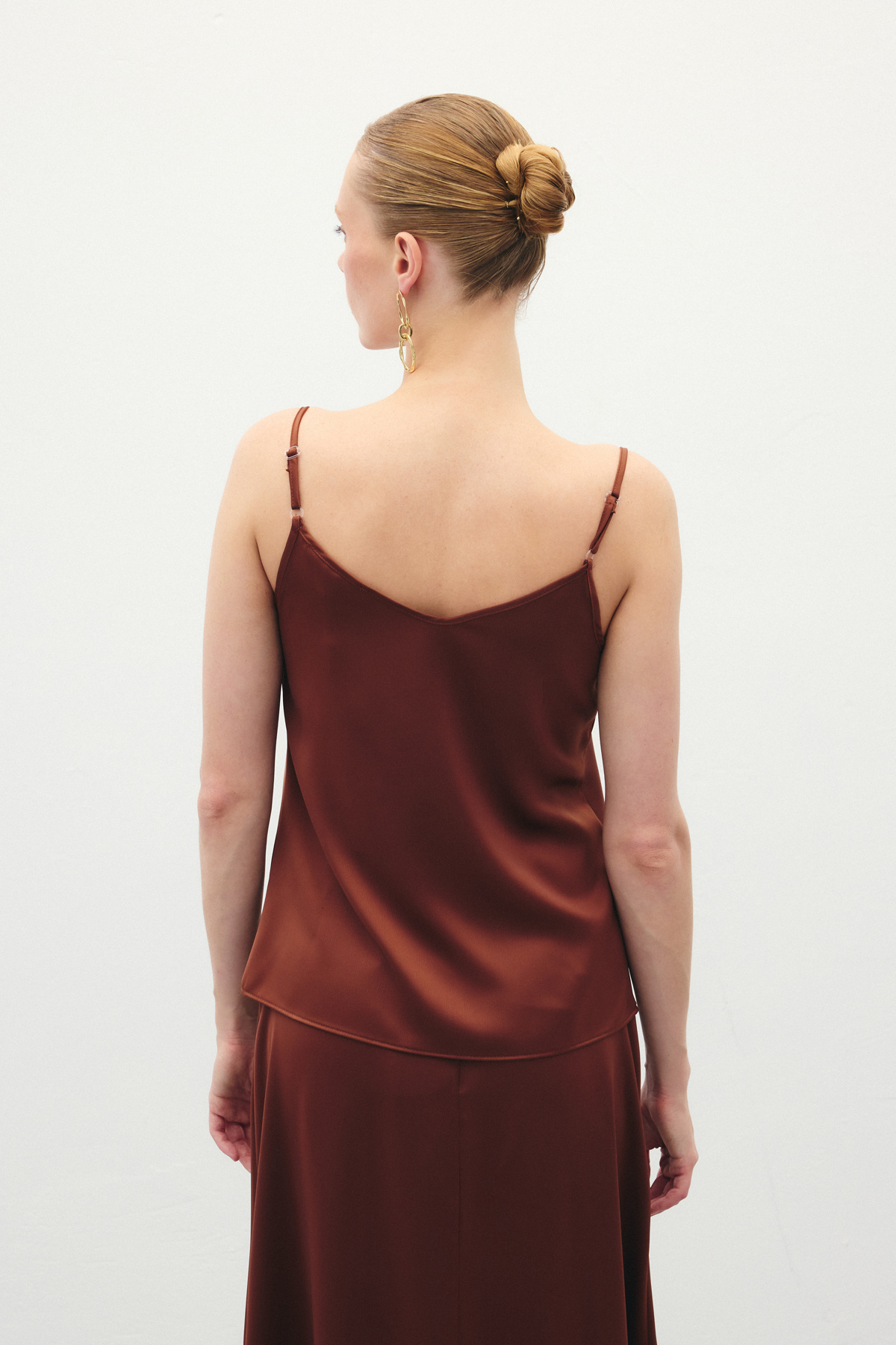 Degaje Yaka Saten Bluz - Kahve