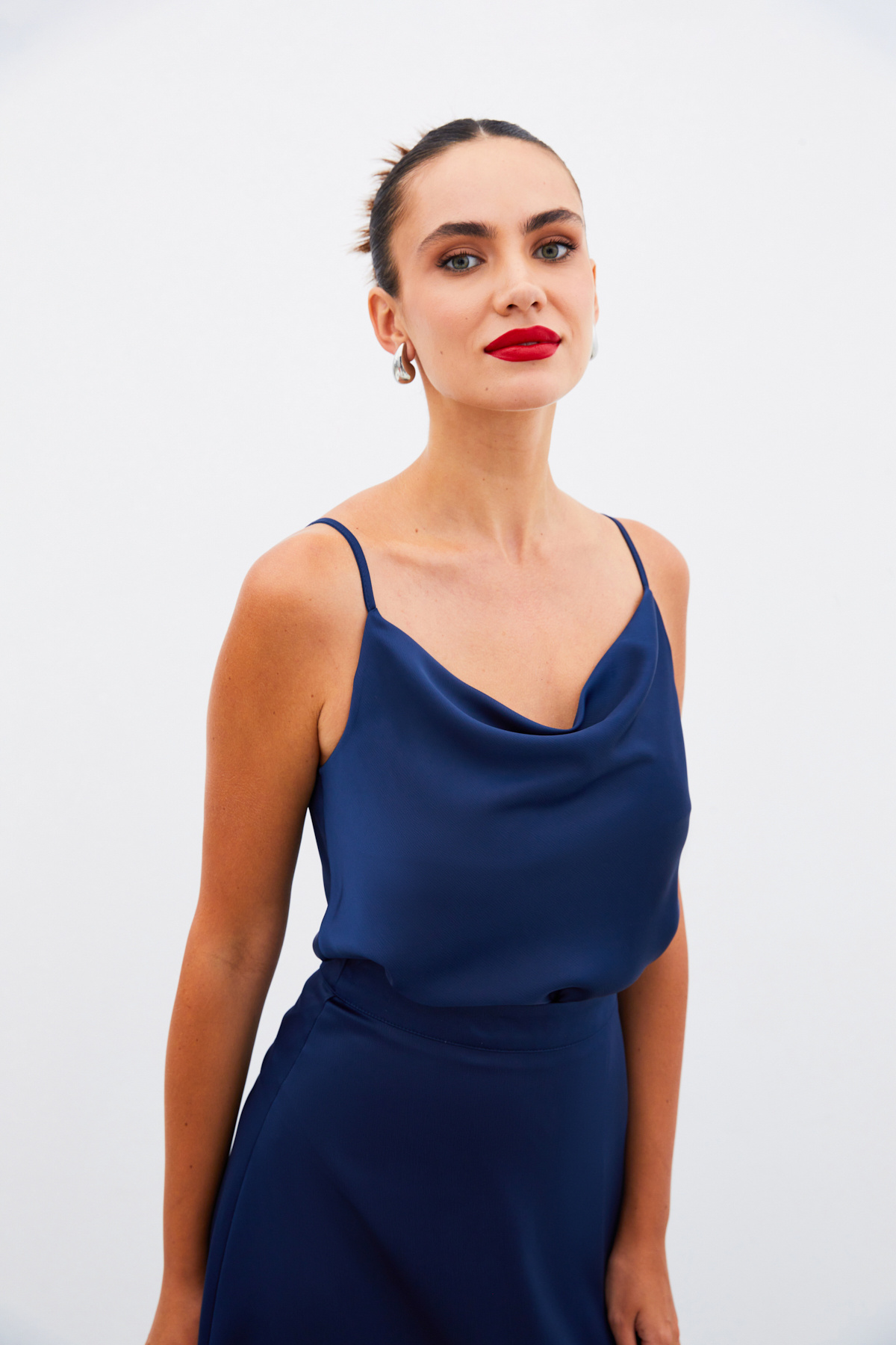 Degaje Yaka Saten Bluz - LACİVERT