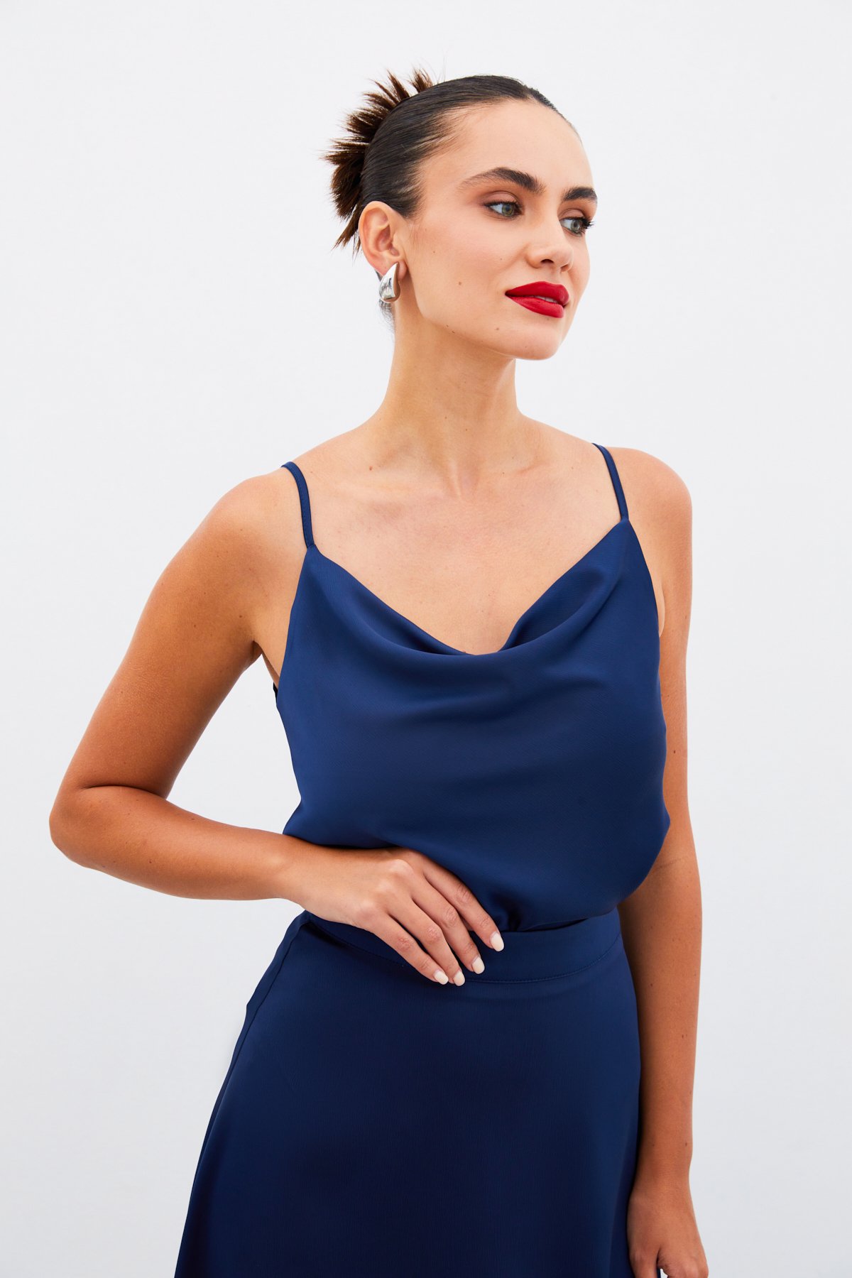 Degaje Yaka Saten Bluz - LACİVERT