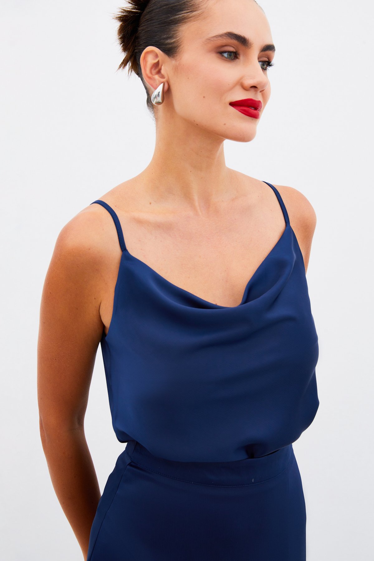 Degaje Yaka Saten Bluz - LACİVERT