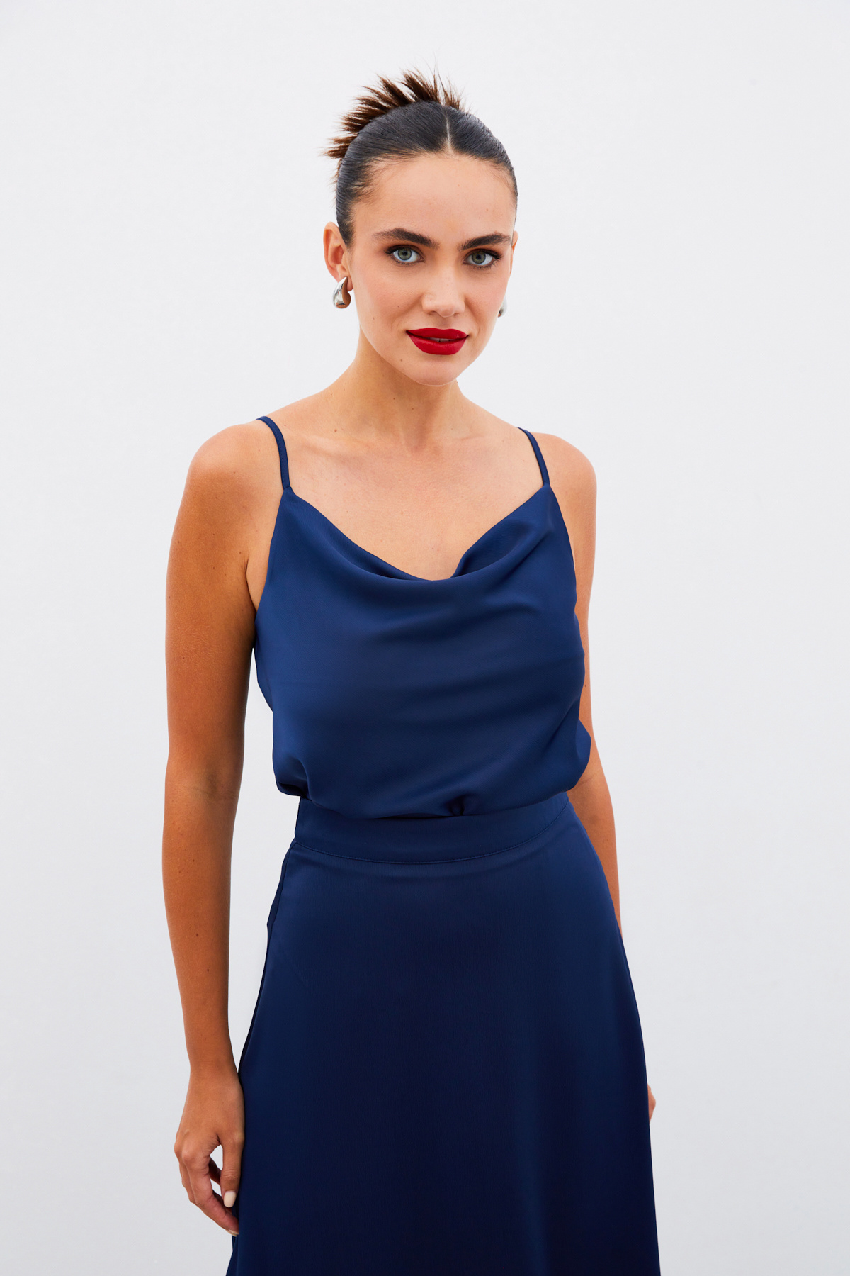 Degaje Yaka Saten Bluz - LACİVERT