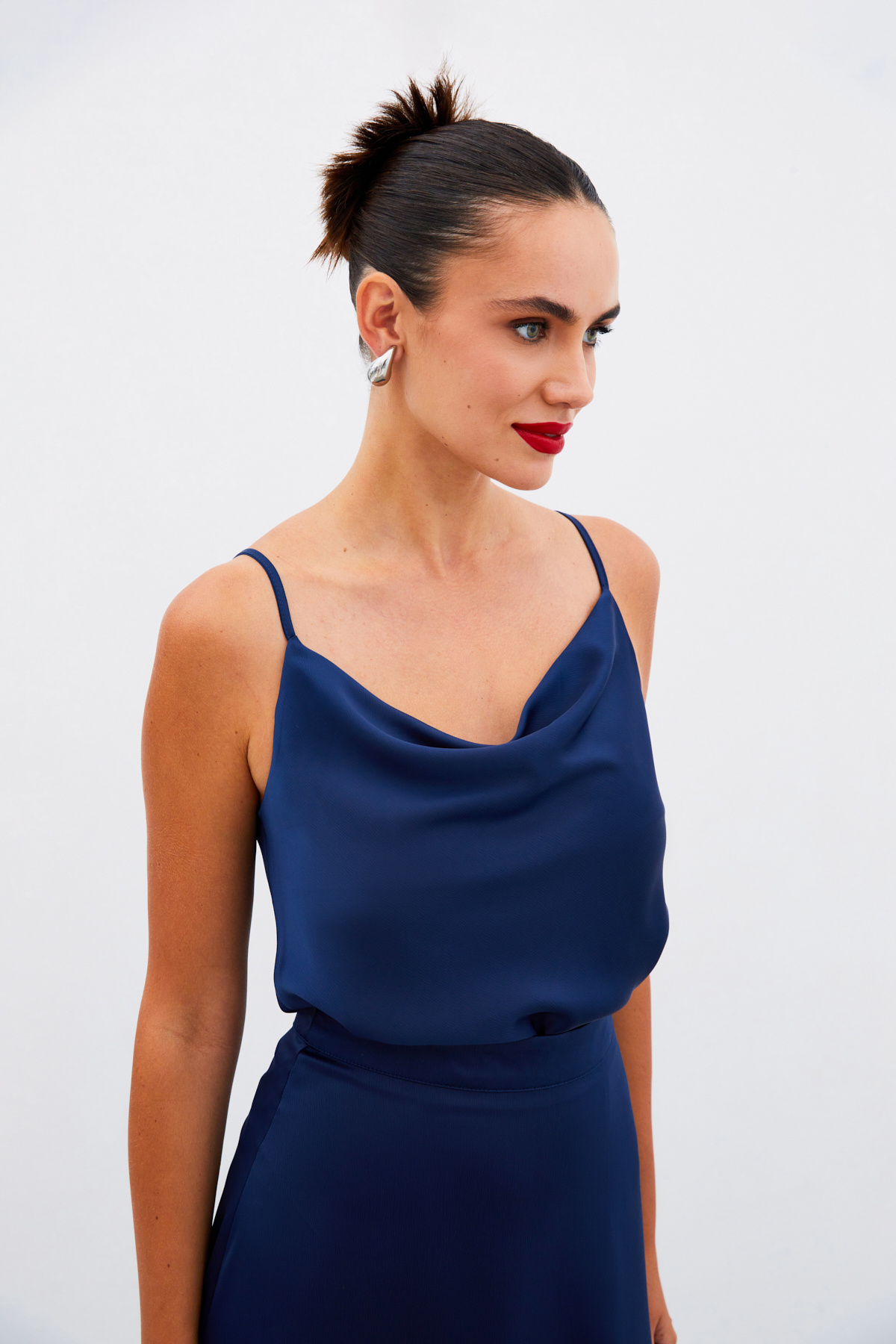 Degaje Yaka Saten Bluz - LACİVERT