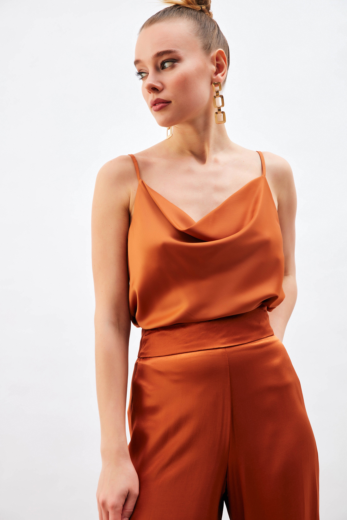 Plunging Collar Satin Blouse - ORANJ