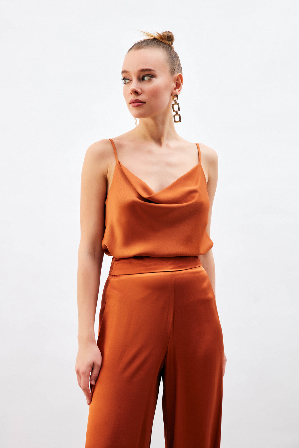 Plunging Collar Satin Blouse - ORANJ