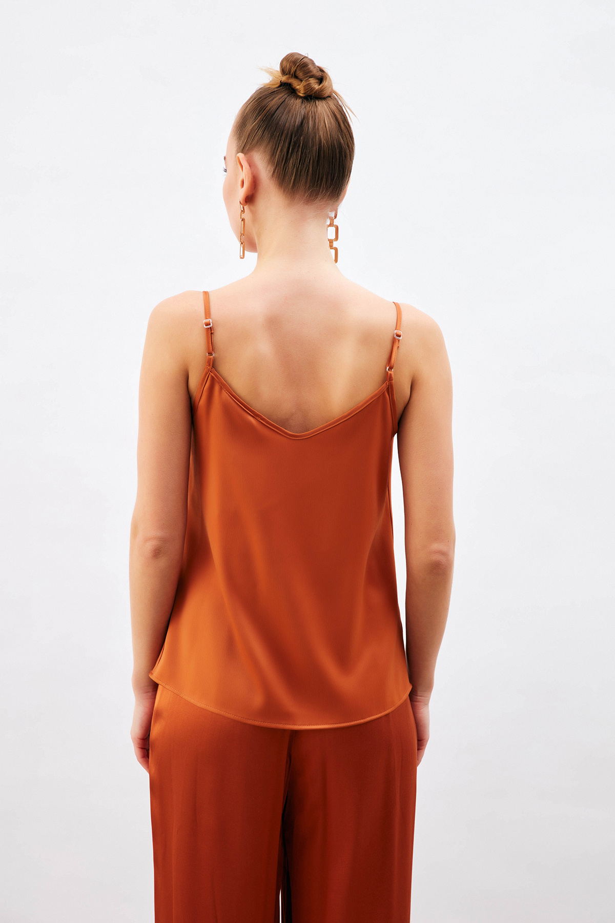 Plunging Collar Satin Blouse - ORANJ