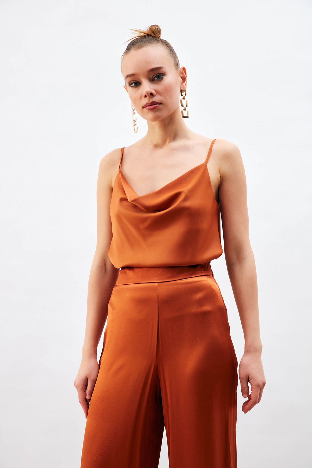 Plunging Collar Satin Blouse - ORANJ